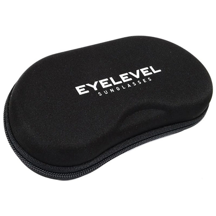 A black sunglasses case is closed resting on a flat surface displaying the text EYELEVEL SUNGLASSES its smooth exterior features a zipper along the edge for secure closure